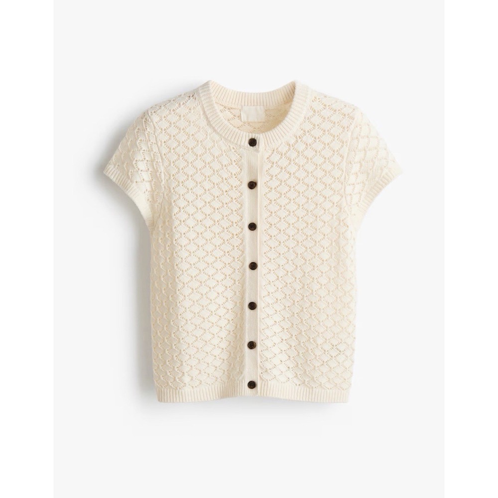 H&M Women's XS POINTELLE-KNIT CARDIGAN Shirt Cotton Fall Crochet Brown Sweater